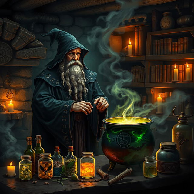 A dark fantasy setting featuring an enigmatic wizard in a dimly lit, mystical kitchen