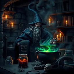 A dark fantasy setting featuring an enigmatic wizard in a dimly lit, mystical kitchen