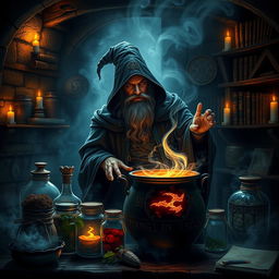 A dark fantasy setting featuring an enigmatic wizard in a dimly lit, mystical kitchen