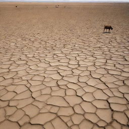 The parched and barren Earth is depicted with the addition of lifeless livestock scattered across the dry, cracked land, depicting the harsh conditions.