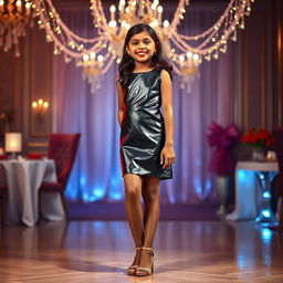 A full-body portrait of a young Indian girl, aged 14, confidently wearing a chic PU cocktail mini dress that hugs her youthful frame