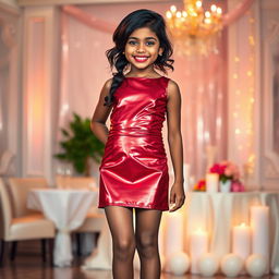 A full-body portrait of a young Indian girl, aged 14, confidently wearing a chic PU cocktail mini dress that hugs her youthful frame