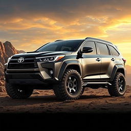 A futuristic design of a 2014 Toyota Highlander SUV featuring widebody style with wide tires, showcasing an innovative hypercar look built for off-road adventures