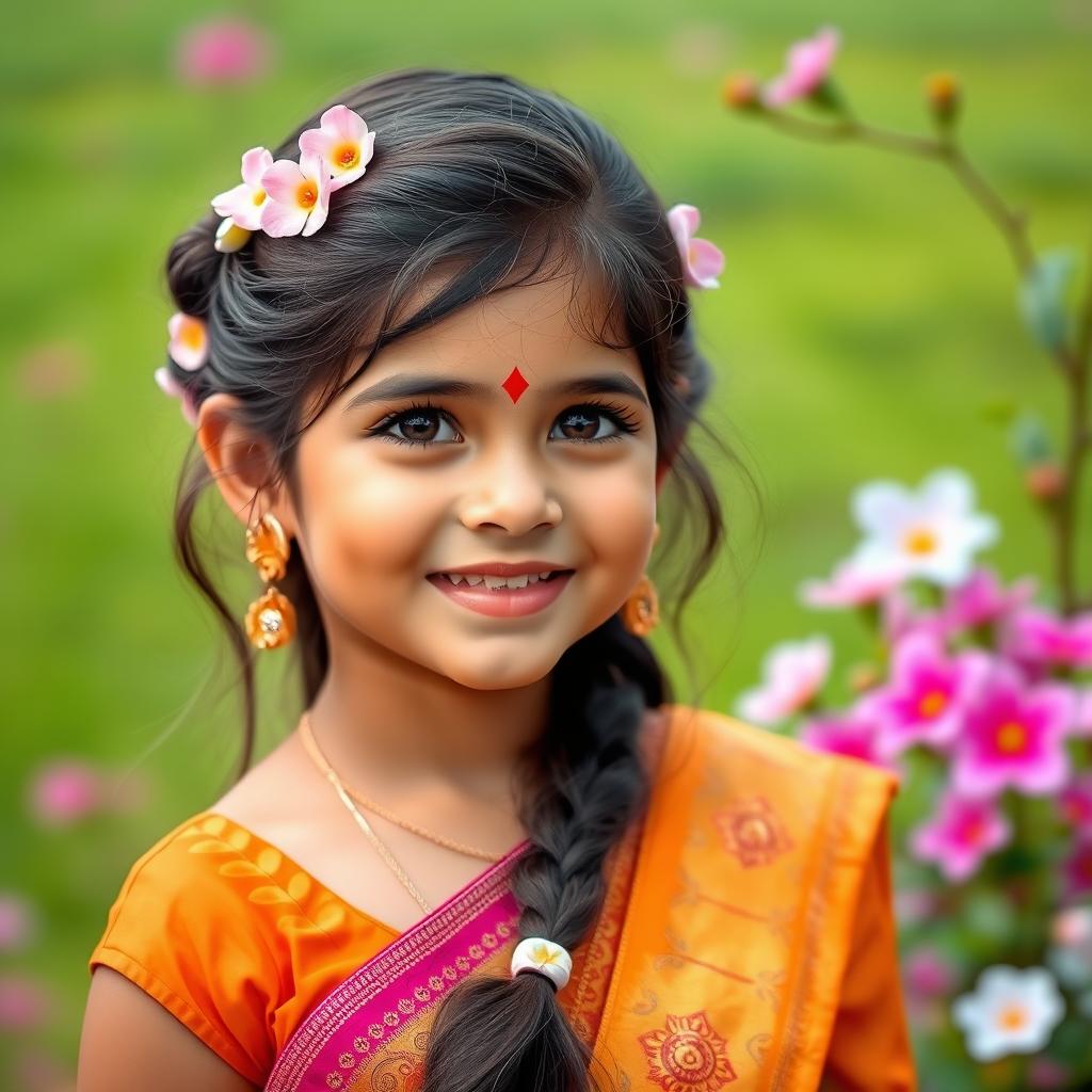 A portrait of a cute Indian girl, showcasing traditional attire such as a colorful lehenga or a vibrant salwar kameez, smiling joyfully with sparkling eyes