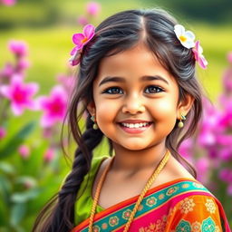 A portrait of a cute Indian girl, showcasing traditional attire such as a colorful lehenga or a vibrant salwar kameez, smiling joyfully with sparkling eyes