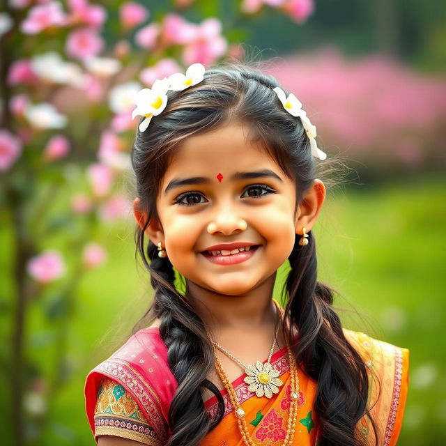 A portrait of a cute Indian girl, showcasing traditional attire such as a colorful lehenga or a vibrant salwar kameez, smiling joyfully with sparkling eyes