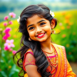 A portrait of a cute Indian girl, showcasing traditional attire such as a colorful lehenga or a vibrant salwar kameez, smiling joyfully with sparkling eyes