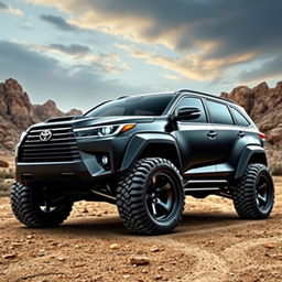 A futuristic design of a 2014 Toyota Highlander SUV featuring widebody style with wide tires, showcasing an innovative hypercar look built for off-road adventures