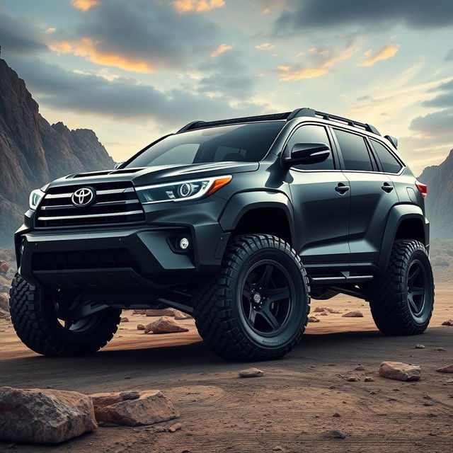 A futuristic design of a 2014 Toyota Highlander SUV featuring widebody style with wide tires, showcasing an innovative hypercar look built for off-road adventures