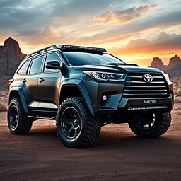 A futuristic design of a 2014 Toyota Highlander SUV featuring widebody style with wide tires, showcasing an innovative hypercar look built for off-road adventures