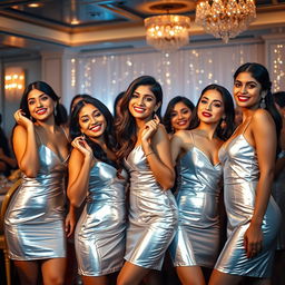 A group of Indian women, showcasing beauty and elegance, wearing shiny silver mini party dresses that reflect light beautifully