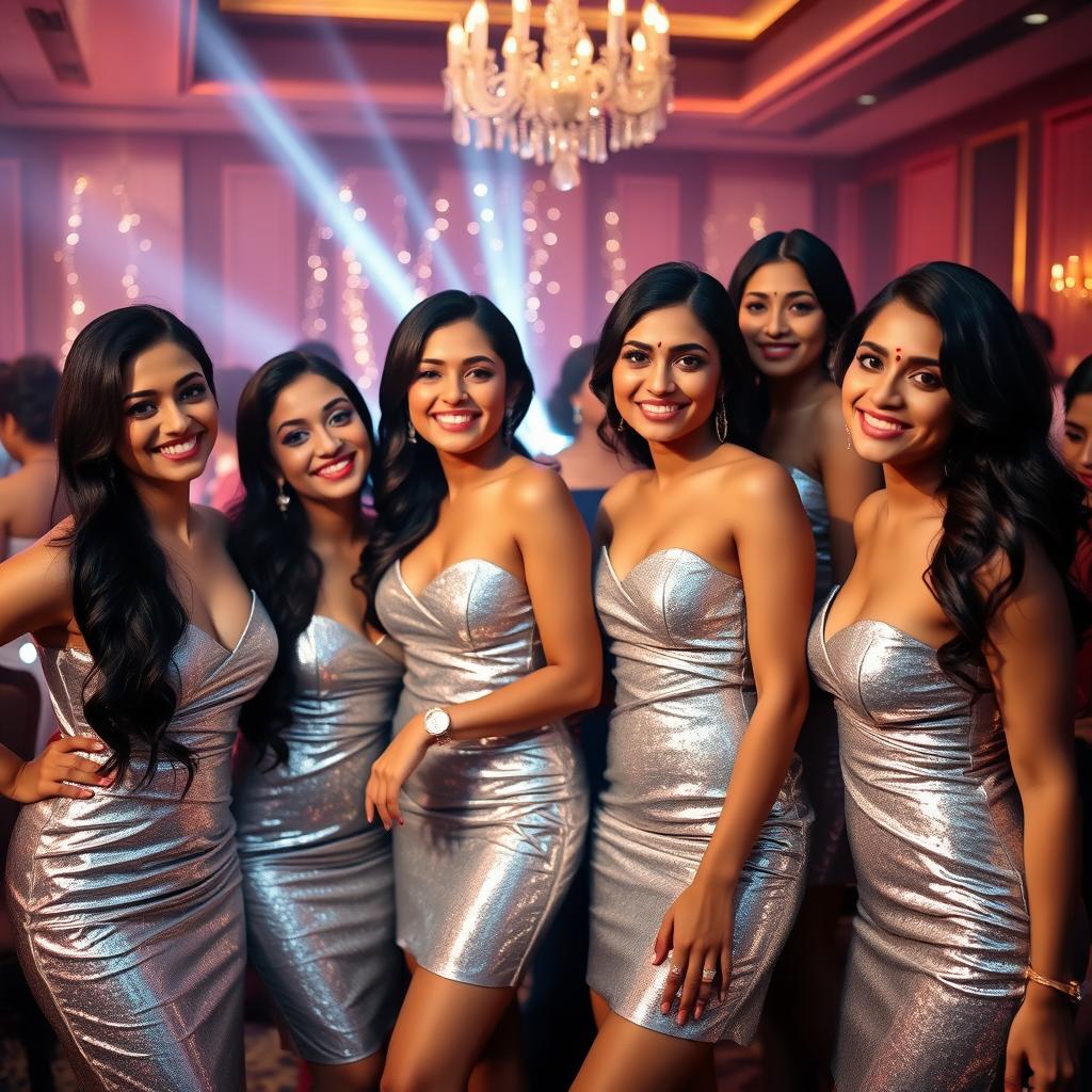 A group of Indian women, showcasing beauty and elegance, wearing shiny silver mini party dresses that reflect light beautifully