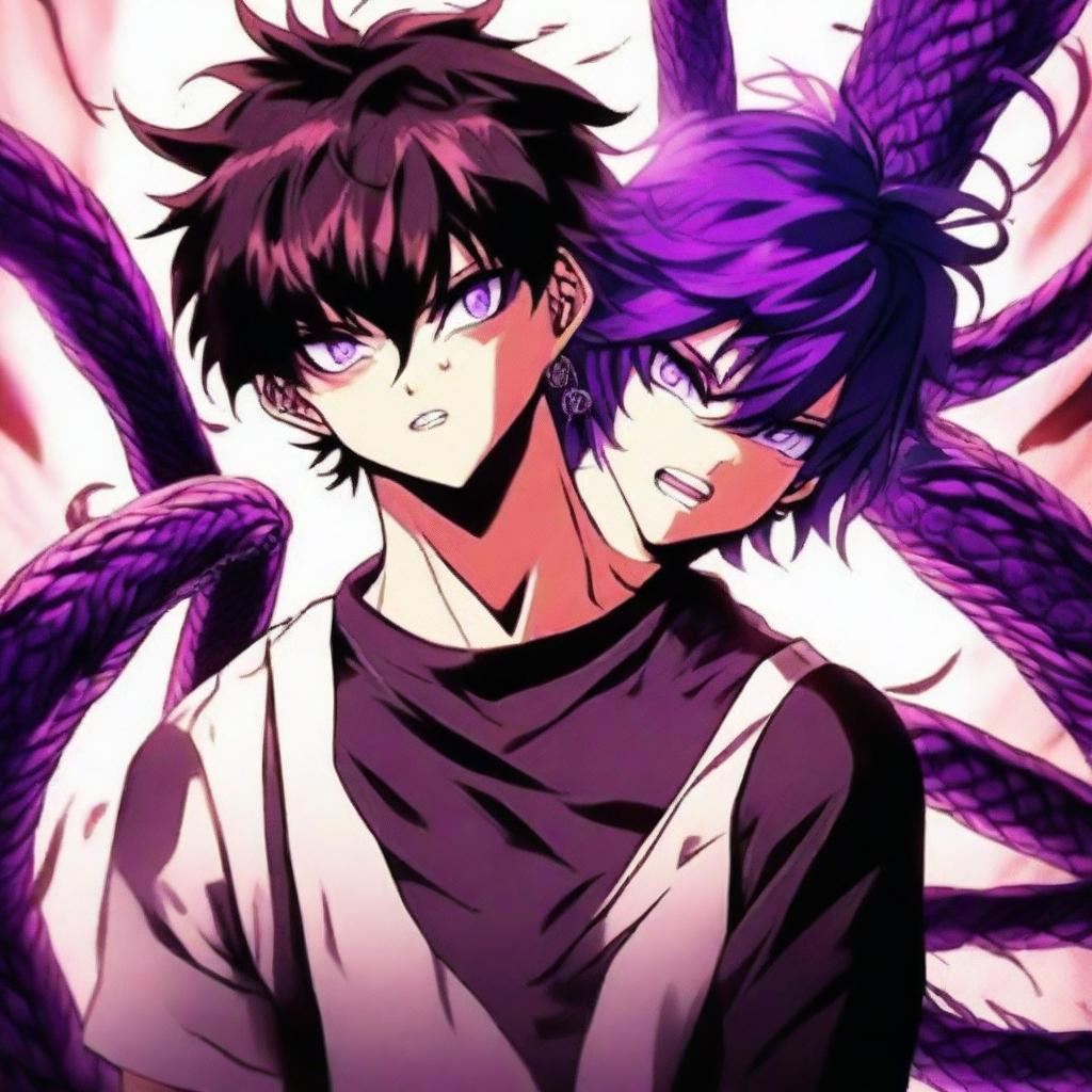 A dramatic portrait of an enraged viper-inspired anime boy, his purple glowing eyes and hair expressing his fierce temperament. Alongside him, his purple-lit pet viper mirrors his intensity, completing this provocative image set against an atmospheric anime backdrop.