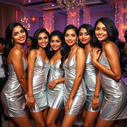 A group of Indian women, showcasing beauty and elegance, wearing shiny silver mini party dresses that reflect light beautifully