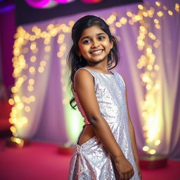 A young Indian girl wearing a stylish shiny silver mini party dress, reflecting light beautifully, posing with a joyful expression