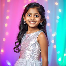 A young Indian girl wearing a stylish shiny silver mini party dress, reflecting light beautifully, posing with a joyful expression