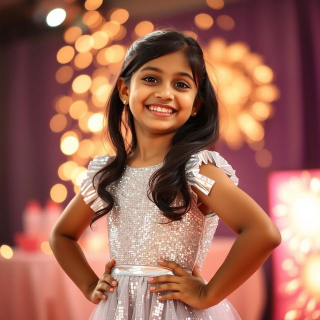 A young Indian girl wearing a stylish shiny silver mini party dress, reflecting light beautifully, posing with a joyful expression