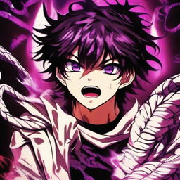 A dramatic portrait of an enraged viper-inspired anime boy, his purple glowing eyes and hair expressing his fierce temperament. Alongside him, his purple-lit pet viper mirrors his intensity, completing this provocative image set against an atmospheric anime backdrop.