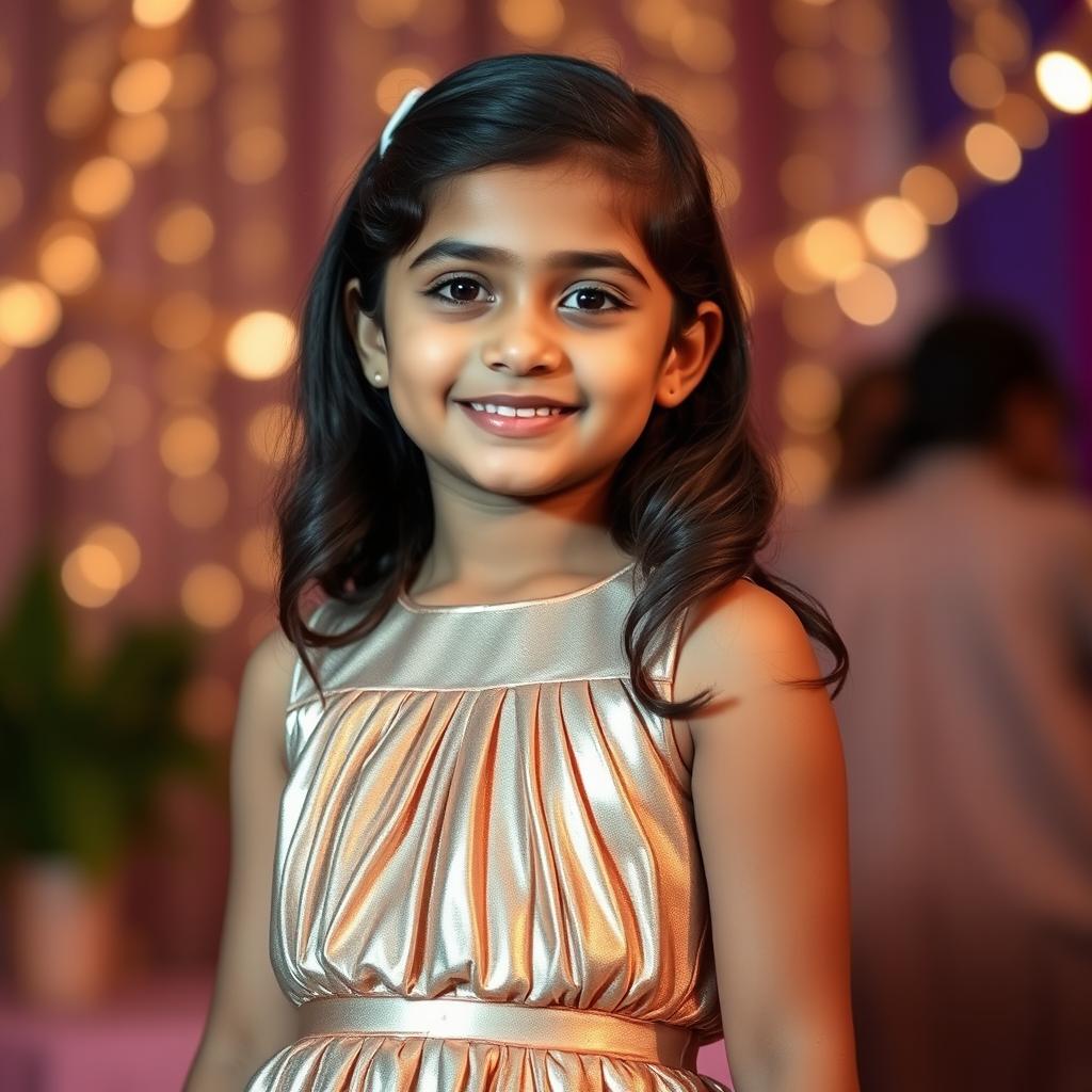 A young Indian girl wearing a chic, shiny metallic color sling mini dress featuring a stylish pleat design