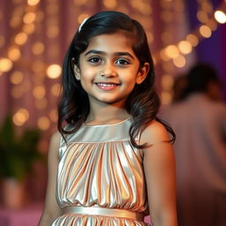 A young Indian girl wearing a chic, shiny metallic color sling mini dress featuring a stylish pleat design