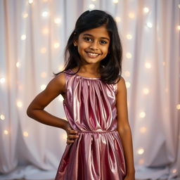 A young Indian girl wearing a chic, shiny metallic color sling mini dress featuring a stylish pleat design