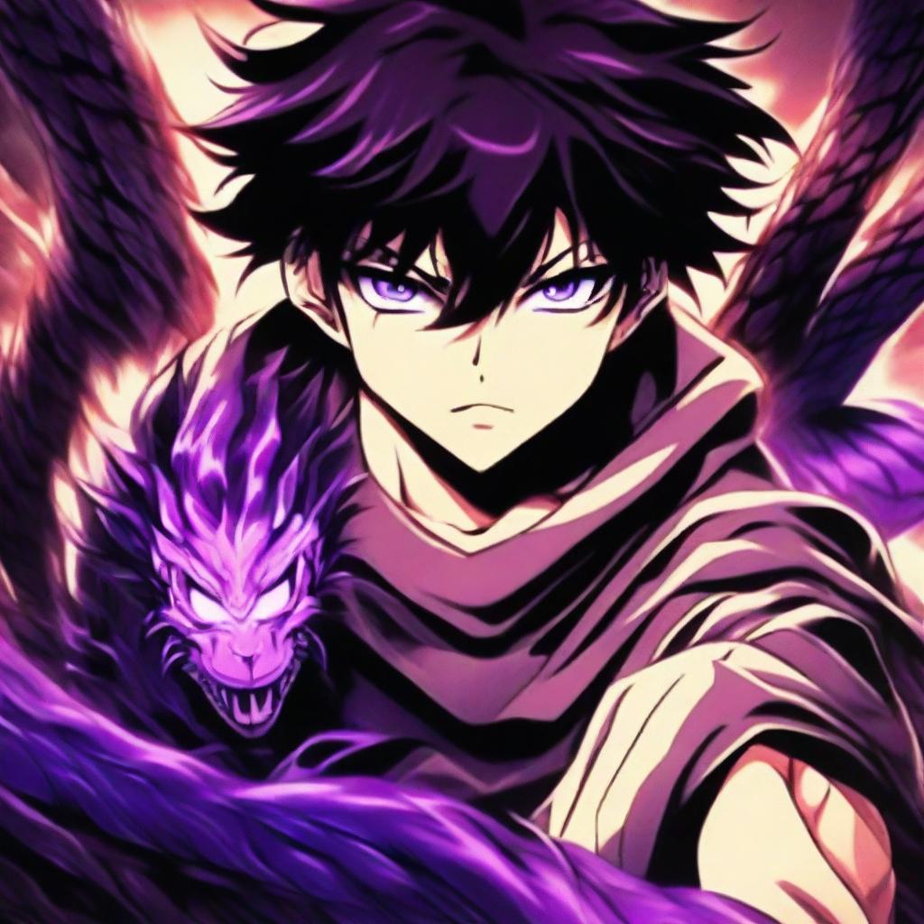 A dramatic portrait of an enraged viper-inspired anime boy, his purple glowing eyes and hair expressing his fierce temperament. Alongside him, his purple-lit pet viper mirrors his intensity, completing this provocative image set against an atmospheric anime backdrop.