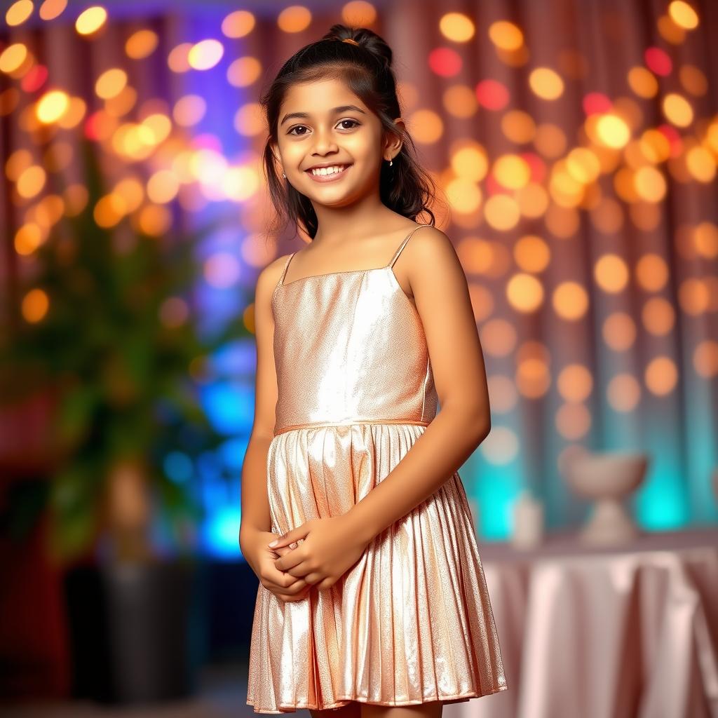 A young Indian girl in a shining metallic color sling mini dress, featuring a chic pleat design that flatters her figure