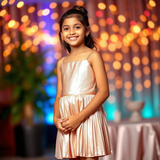 A young Indian girl in a shining metallic color sling mini dress, featuring a chic pleat design that flatters her figure