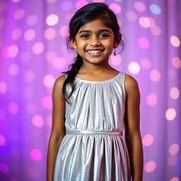 A young Indian girl in a shining metallic color sling mini dress, featuring a chic pleat design that flatters her figure