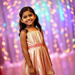 A young Indian girl in a shining metallic color sling mini dress, featuring a chic pleat design that flatters her figure