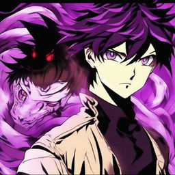 A dramatic portrait of an enraged viper-inspired anime boy, his purple glowing eyes and hair expressing his fierce temperament. Alongside him, his purple-lit pet viper mirrors his intensity, completing this provocative image set against an atmospheric anime backdrop.