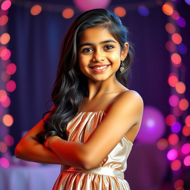 A young Indian girl, 15 years old, showcasing a full body view in a sexy, shiny metallic color sling mini dress