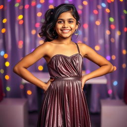 A young Indian girl, 15 years old, showcasing a full body view in a sexy, shiny metallic color sling mini dress