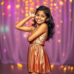 A young Indian girl, 15 years old, showcasing a full body view in a sexy, shiny metallic color sling mini dress