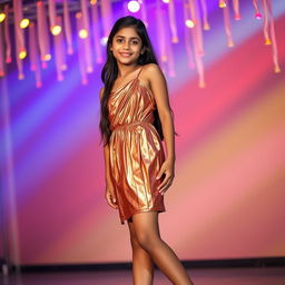 A 16-year-old Indian girl showcasing a full body view in a sexy, shiny metallic color sling mini dress that features a chic pleat design, emphasizing her slim silhouette