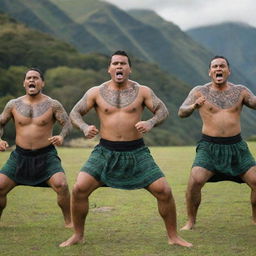 A group of Maori men performing the powerful Haka, displaying traditional facial tattoos and attire, set against the backdrop of New Zealand's majestic green landscape.