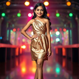 A 16-year-old Indian girl showcasing a full body view in a sexy, shiny metallic color sling mini dress that features a chic pleat design, emphasizing her slim silhouette