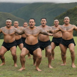 A group of Maori men performing the powerful Haka, displaying traditional facial tattoos and attire, set against the backdrop of New Zealand's majestic green landscape.