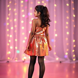 A young Indian girl, 15 years old, captured in a full body view from behind, wearing a sexy, shiny metallic color sling mini dress with a chic pleat design that flatters her slim figure