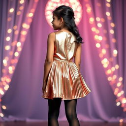 A young Indian girl, 15 years old, captured in a full body view from behind, wearing a sexy, shiny metallic color sling mini dress with a chic pleat design that flatters her slim figure