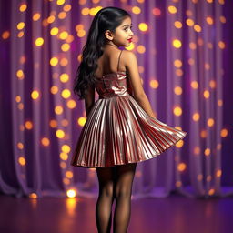 A young Indian girl, 15 years old, captured in a full body view from behind, wearing a sexy, shiny metallic color sling mini dress with a chic pleat design that flatters her slim figure