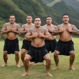 A group of Maori men performing the powerful Haka, displaying traditional facial tattoos and attire, set against the backdrop of New Zealand's majestic green landscape.