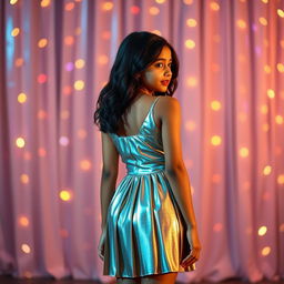 A young Indian girl, elegantly captured in a full body view from behind, wearing a shining metallic color sling mini dress with a chic pleat design that highlights her slim figure