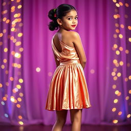 A young Indian girl, elegantly captured in a full body view from behind, wearing a shining metallic color sling mini dress with a chic pleat design that highlights her slim figure