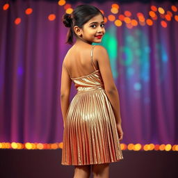 A young Indian girl, elegantly captured in a full body view from behind, wearing a shining metallic color sling mini dress with a chic pleat design that highlights her slim figure