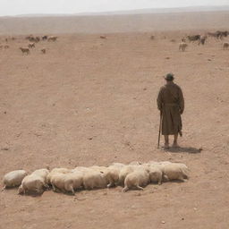 Adding to the previous scene, a lonely shepherd is present, shedding tears as he overlooks the lifeless livestock scattered across the parched and barren Earth.