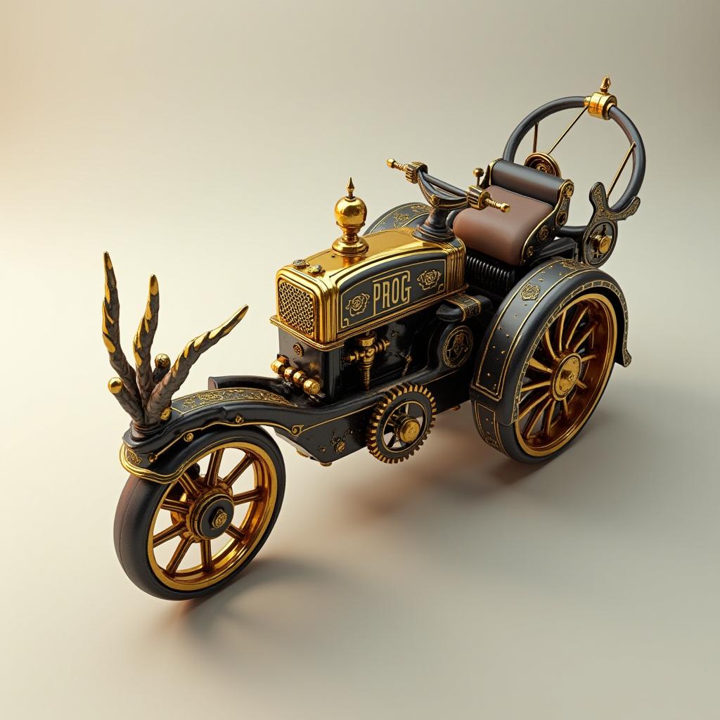 A stunning 3D representation of a gold and black plow (moto enxada) emblazoned with the word 'PROG'