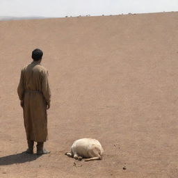 Adding to the previous scene, a lonely shepherd is present, shedding tears as he overlooks the lifeless livestock scattered across the parched and barren Earth.