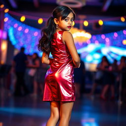 A young Indian girl, depicted in a full body view from behind, wearing a shiny PU cocktail mini dress that showcases her fashionable style