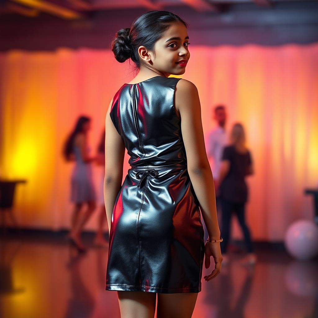 A young Indian girl, depicted in a full body view from behind, wearing a shiny PU cocktail mini dress that showcases her fashionable style